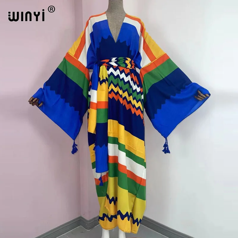 Top Trends: Spring Summer Lady KIMONO Women&#039;s Dress Wave Print Long Sleeve V-Neck Casual Loose Holiday Beach Cardigan Dress Robe Sexy Femme Shoppable Styles