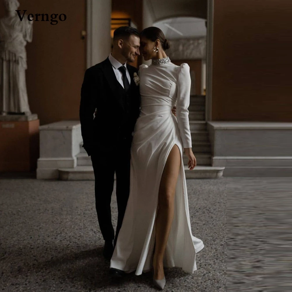 Top Trends: Verngo Elegant High Neck Beads Crystal Mermaid Wedding Dresses Long Sleeves Pleats Side Slit Simple Women Bride Formal Dress Shoppable Styles