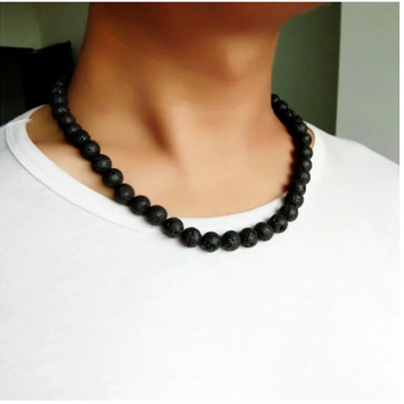 Top Trends: Trendy Men Necklace 6 / 8mm Black Lava Stone Yellow Tiger Eye Choker Rock Beads Necklace Men Jewelry Handmade Collar Dropshipping Shoppable Styles