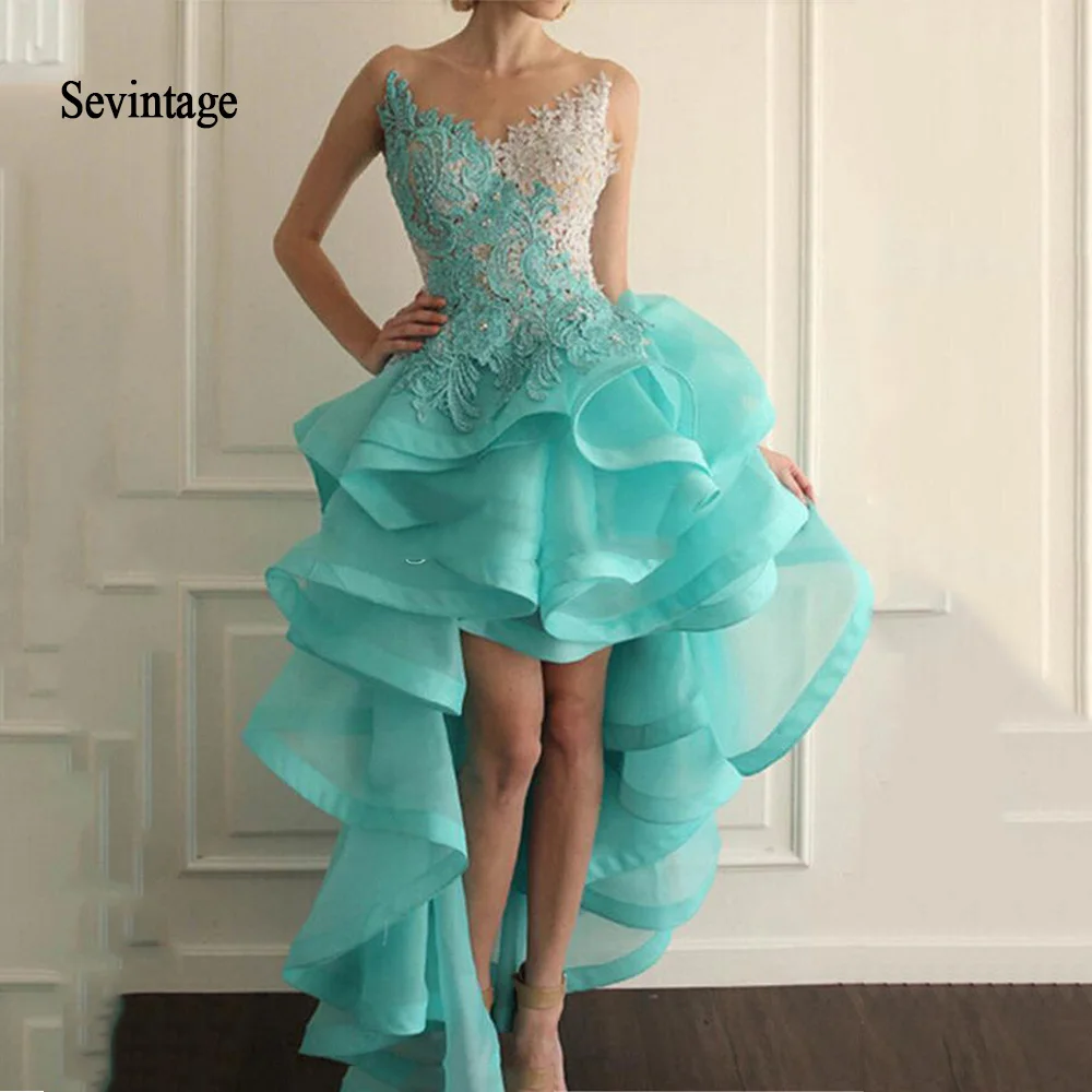 Top Trends: Sevintage 2020 Blue High Front And Low Back Cocktail Dresses Illusion Neck Organza Lace Appliques Ruffle Beads Homecoming Gowns Shoppable Styles