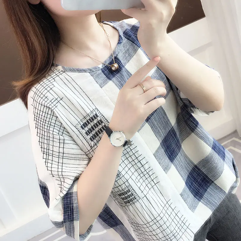 Top Trends: Shirts Women 2022 Ladies Tops Casual 100% Cotton Plaid Shirt Blouse Loose Plus Size Women Clothing Short Sleeve Summer White Shoppable Styles