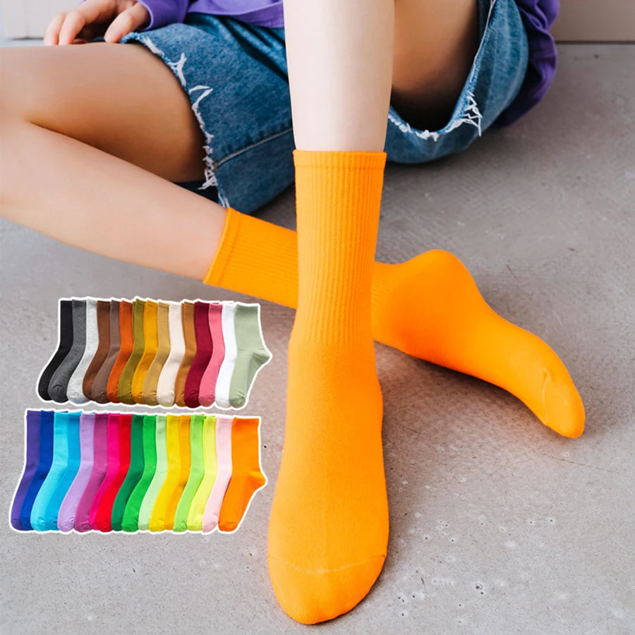 Top Trends: Women Cotton Socks 22 Solid Colors Orange Pink Black White Soft Harajuku Casual Crew Female Sock Spring Autumn Style 1 Pack Shoppable Styles