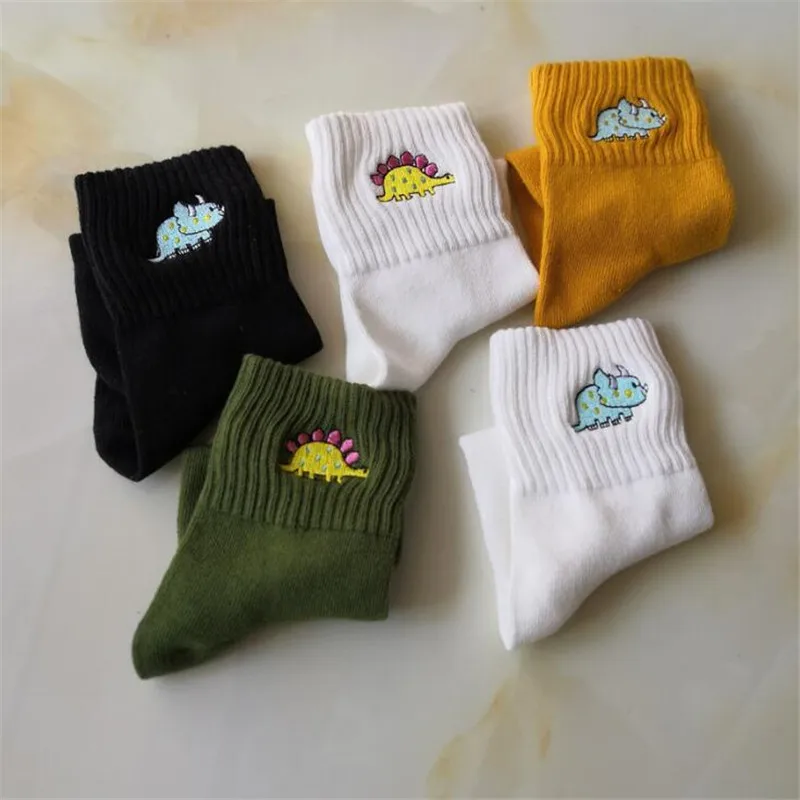 Top Trends: Cute Women Embroidery Dinosaur Socks White Lovely Cartoon Animal Vintage Cotton Short Socks Novelty Crazy Funny Cozy Socks Funky Shoppable Styles