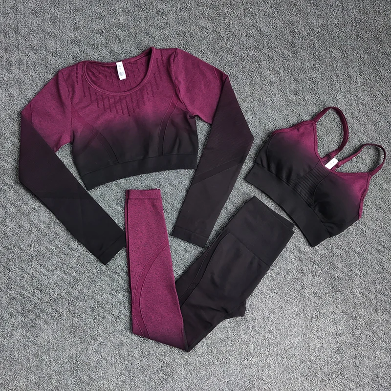 Top Trends: Ombre Women Yoga Set Workout Long Sleeve Crop Top Sports Bra Seamless Leggings Gym Clothing Fitness Sportswear Sports Suits Shoppable Styles