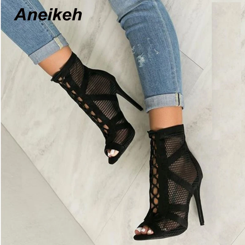 Top Trends: Aneikeh 2024 Fashion Basic Sandals Boots Women High Heels Pumps Sexy Hollow Out Mesh Lace-Up Cross-tied Boots Party Shoes 35-42 Shoppable Styles