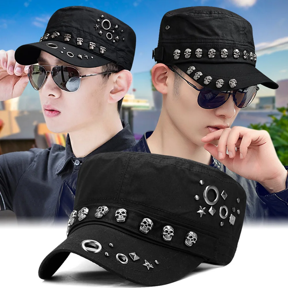 Top Trends: Adult Hip Hop Punk Rock Skull Rivet Flat Peaked Hats Men Spring And Autumn Fitted Baseball Caps Shoppable Styles