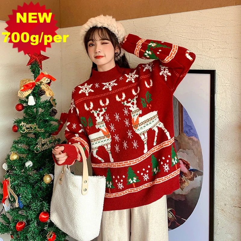 Top Trends: Christmas Mid-length Plus Oversized New Version Handmade Sweater 700g Women Christmas Deer Warm Knitted Long Sleeve Sweater Lazy Shoppable Styles