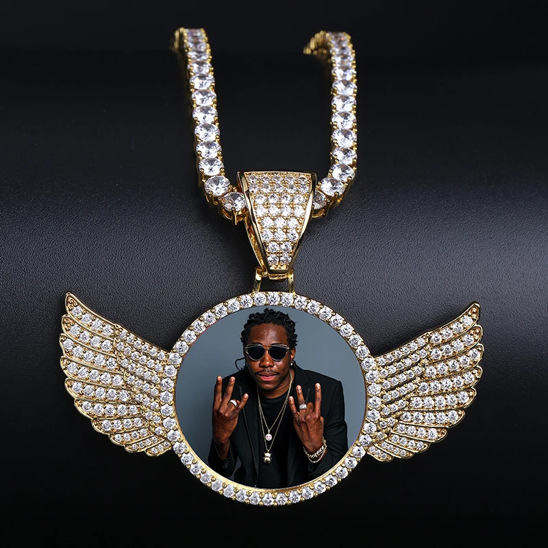 Top Trends: TOPGRILLZ Gold Custom Made Photo With Wings Medallions Necklace & Pendant 4mm Tennis Chain Cubic Zircon Men's Hip Hop Jewelry Shoppable Styles