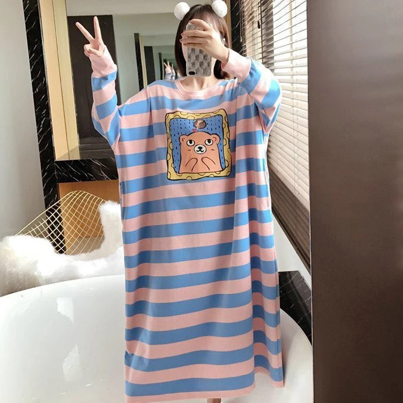 Top Trends: 5XL Fat Mm Nightdrress Women Robe Stripe Nightgown Cartoon Sleepshirts Long-sleeved Nightie Nightdress Sleepwear Shoppable Styles