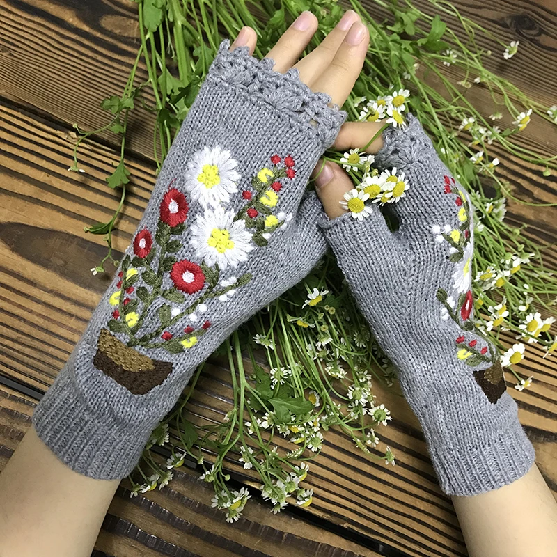 Top Trends: Fashion Womens Autumn Knitted Handmade Embroidery Gloves Embroidered Sun Flowers Mid Long Half Finger Warm Wool Winter Gloves Shoppable Styles