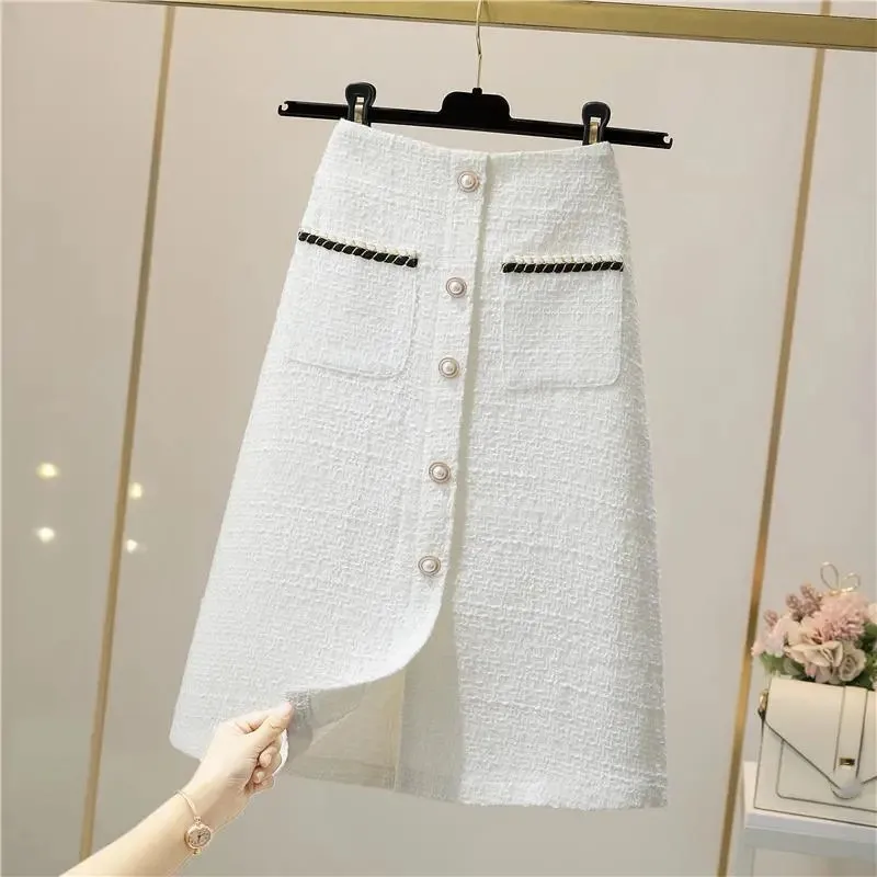 Top Trends: Autumn Winter Small Fragrance Wind Bright Silk Skirt Female Mid-lengt High-waist Woolen A-line Package Hip Skirt Tweed Long Ski Shoppable Styles