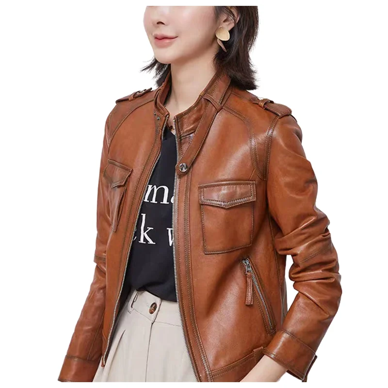 Top Trends: Women&#039;s Brown Leather Jacket, Spring Autumn Women&#039;s Short Motorcycle Sheepskin Jacket, Leisure Vegetable Tanned Leather Outerwea Shoppable Styles