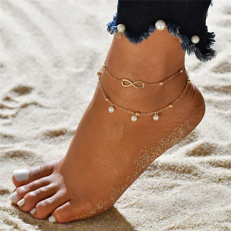 Top Trends: Boho Double Layer Anklets For Women Pearl Streaming Pendant Foot Chains 8 Shape Beach Bracelet Anklets Solar System Bracelet Shoppable Styles