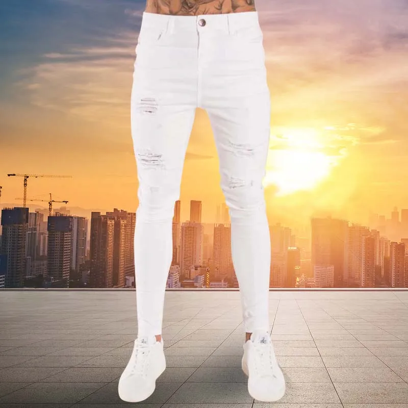 Top Trends: 2023 New Mens Jeans Hip Hop White Moto Skinny Ripped Pure Color Elastic Denim Pants Male Casual Waistline Jogging Pencil Pants Shoppable Styles