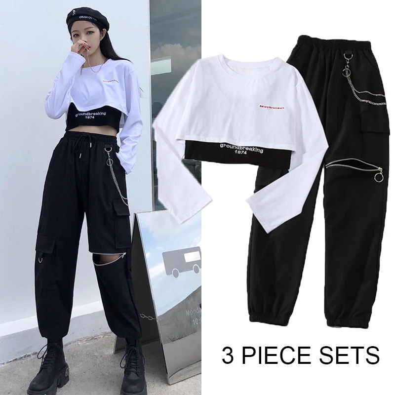 Top Trends: Fashion Jogger 3 Piece Sets Women 2021 New High Waist Cargo Pants With Chain Streetwear Casual Hip Hop Long Sleeve Crop Tops Shoppable Styles