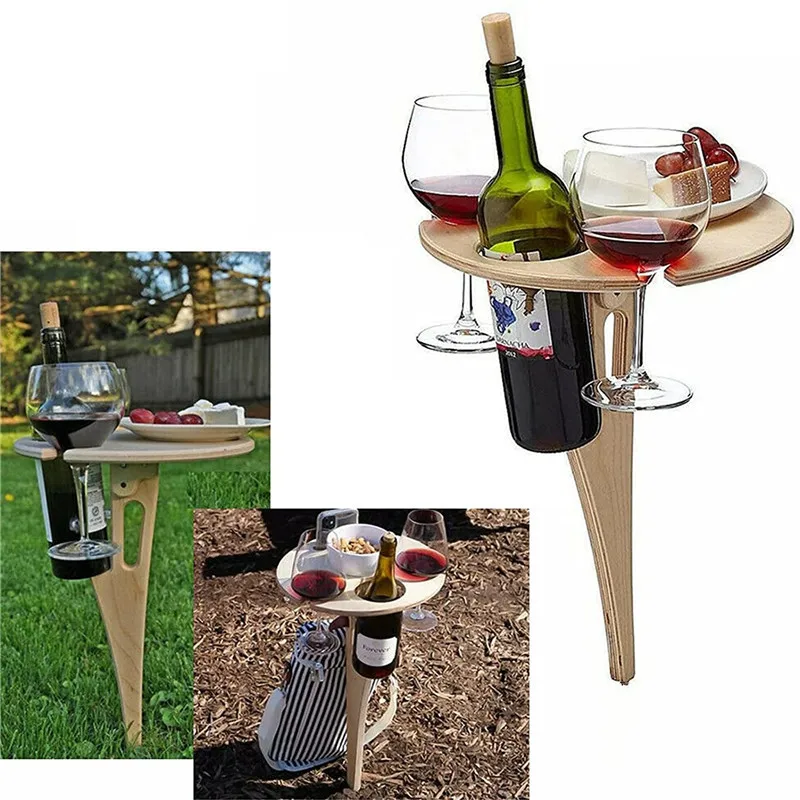 Price Review Outdoor Portable Foldable Wine Table With Round Desktop Mini Wooden Easy To Carry Rack Picnic Party Travel BBQ Tools Online Shop