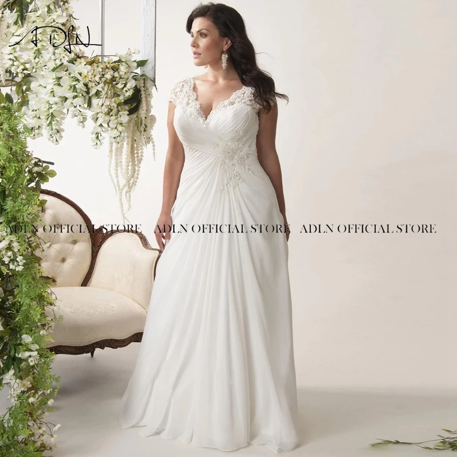 Top Trends: Elegant Plus Size Wedding Dresses V-neck Cap Sleeves Robe De Mariage Sweep Train Appliqued Open Back Chiffon Bridal Gown Shoppable Styles