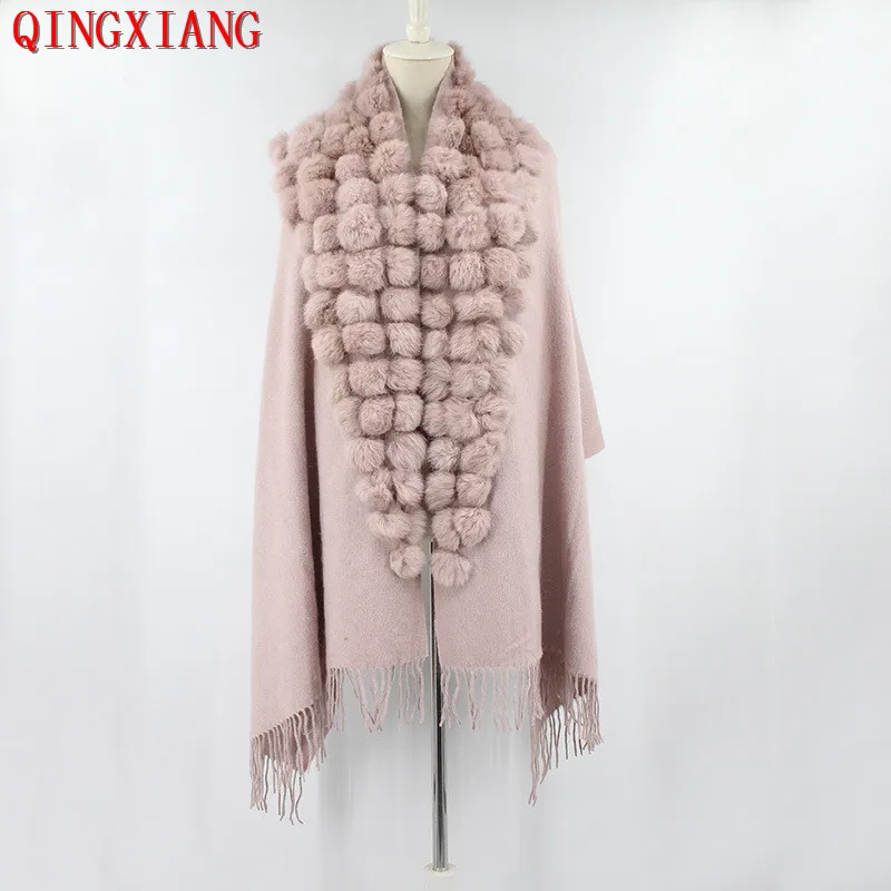 Top Trends: New Fashion Triangle Real Rabbit Fur Ball Shawl Winter Women Cashmere Tassel Cape Pompon Cloak Lady Mother Gift Casaco Feminino Shoppable Styles