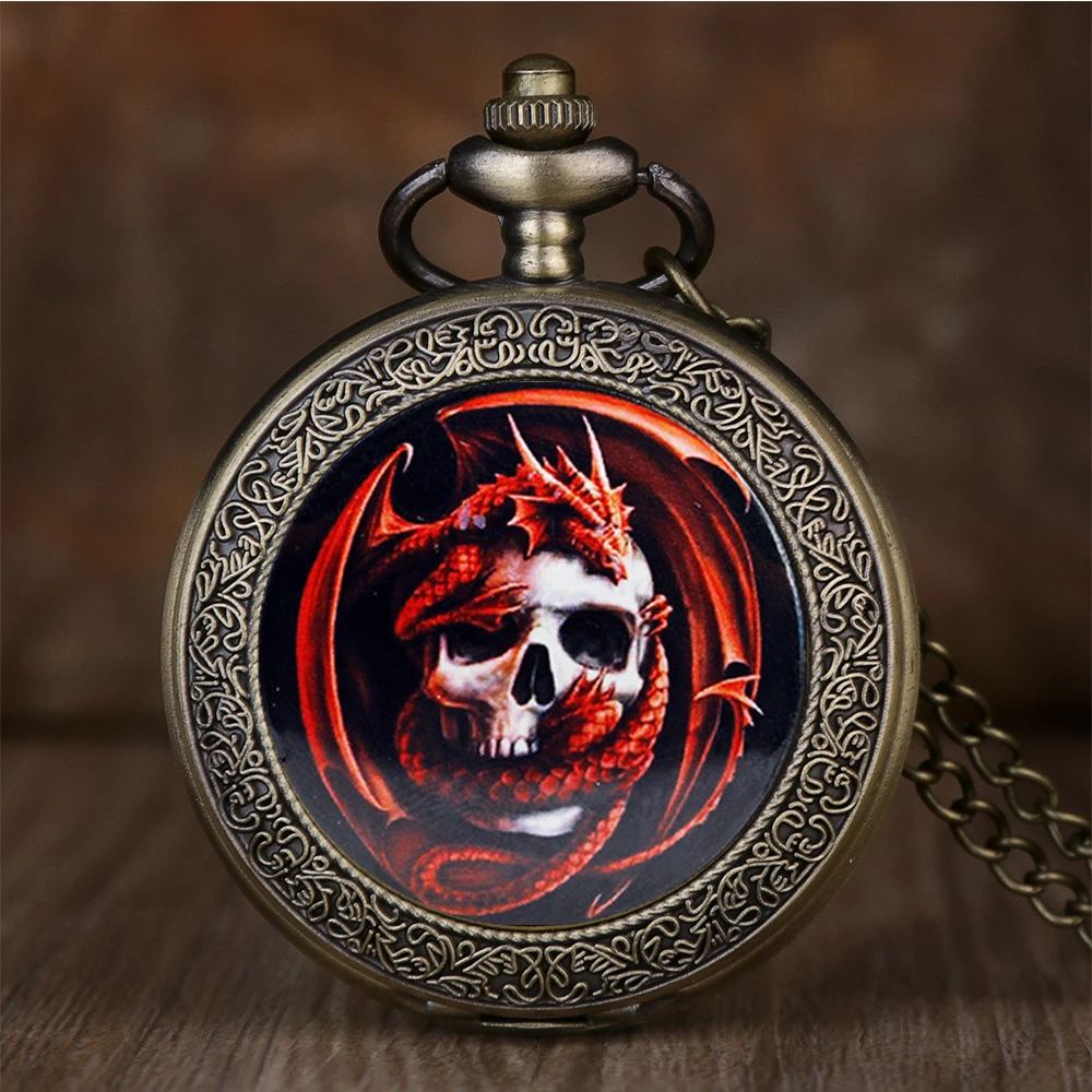 Top Trends: Antique Pocket Watch Men Red Fire Skull Quartz Fob Watches With Chain Necklace Pendant Reloj De Bolsillo Clocks Gift Men Shoppable Styles