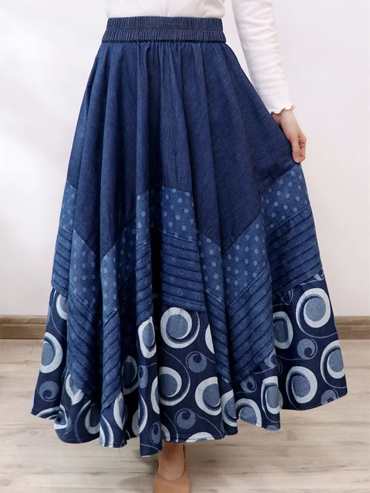 Top Trends: TIYIHAILEY 2023 Long Maxi A-line Skirt Women Elastic Waist Spring Autumn Denim Jeans Vintage Big Hem Skirt Print Shoppable Styles - Image 6