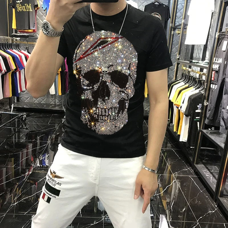 Top Trends: Hot Rhinestone Skull Men's T-Shirt Trend Slim Handsome Mercerized Cotton Large Size Summer Casual SportsShirt Top Shoppable Styles