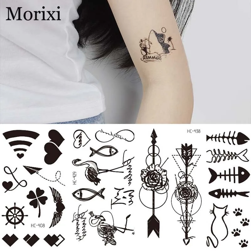 Top Trends: Morixi Small Tattoo Sticker Black Color Animals Flowers Heart Liner Printing Waterproof Water Transfer Fake Tattoo Sticker RA086 Shoppable Styles