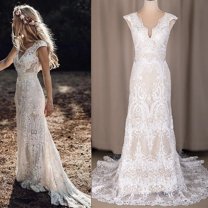 Top Trends: 794 #Deep V-Neck Sexy Backless Cap Sleeve Lace Sheath Boho Bohemian Wedding Bride Dress REAL PHOTO FACTORY PRICE CUSTOM MADE Shoppable Styles