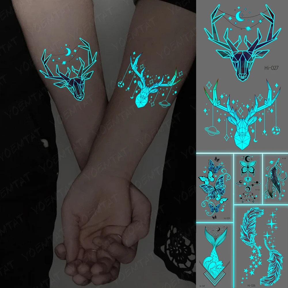 Top Trends: Wholesale Blue Luminous Glow Tattoo Sticker Deer Glowing Snake Waterproof Temporary Tatoo Wrist Fake Tatto For Body Art Shoppable Styles