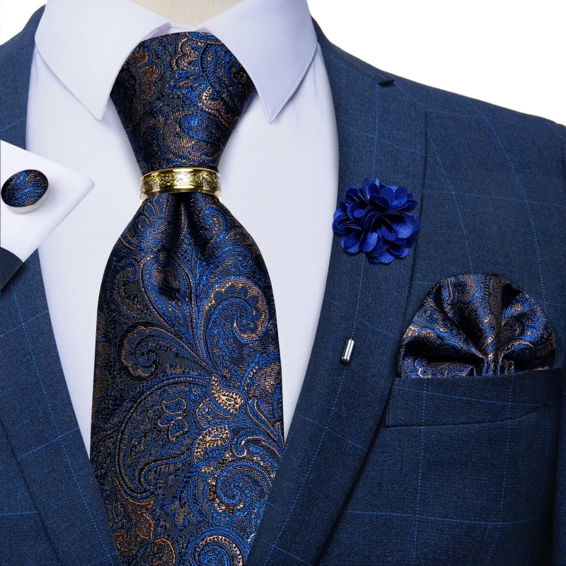 Top Trends: Luxury Blue Gold Paisley Silk Ties For Men Business Wedding Neck Tie Set With Tie Ring Brooch Pin Men's Cufflinks Pocket Square Shoppable Styles