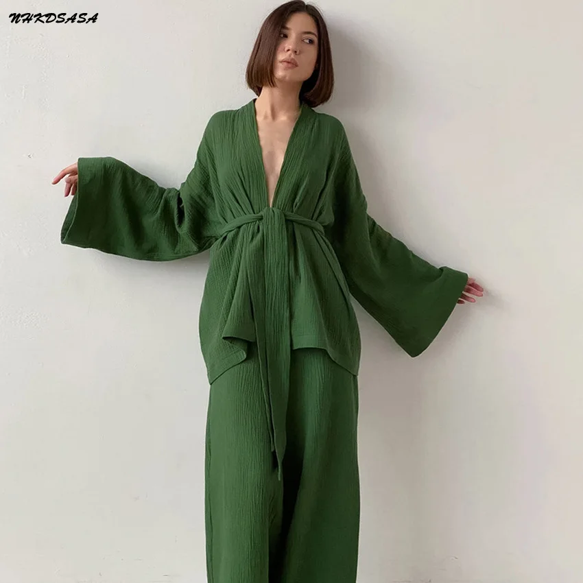 Top Trends: NHKDSASA Kimono Pajamas 2023 New 100% Cotton Crepe Long-Sleeved Trousers Ladies Sleepwear Suit Women&#039;s Home Service Mujer Shoppable Styles