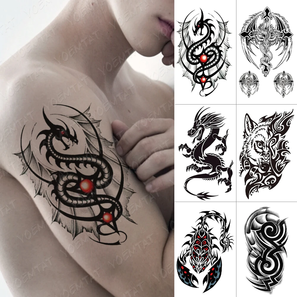 Top Trends: Waterproof Temporary Tattoo Stickers Dragon Wolf Scorpion Flash Tatto Men Black Flame Totem Body Art Transfer Fake Tattoos Women Shoppable Styles