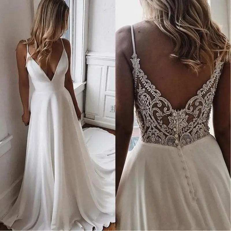 Top Trends: Modern Simple A Line Chiffon Beach Wedding Dresses Lace Boho Gowns Back Out Plunge V Neckline Beading Bride 2023 Shoppable Styles