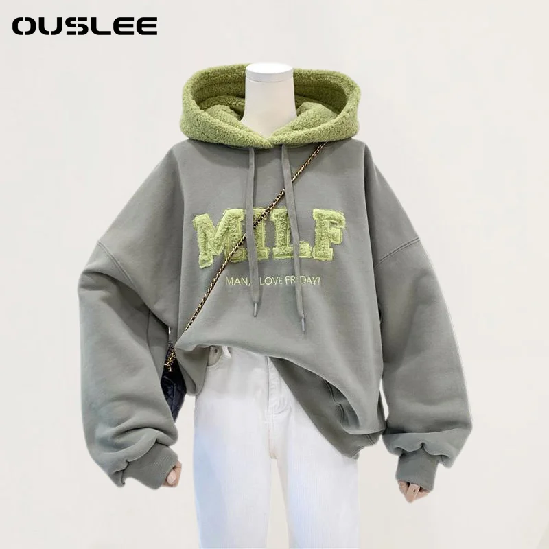 Top Trends: OUSLEE Fashion Patchwork Oversize Sweatshirt Women Winter Casual Loose Cotton Thick Letter Long Sleeve Hoodies Female Streetwear Shoppable Styles