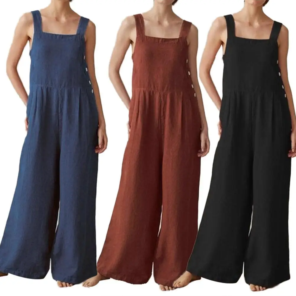 Top Trends: 80% HOT SALES！！！Women Sleeveless Buttons Pockets Wide Leg Jumpsuit Bib Overall Work Clothes Shoppable Styles