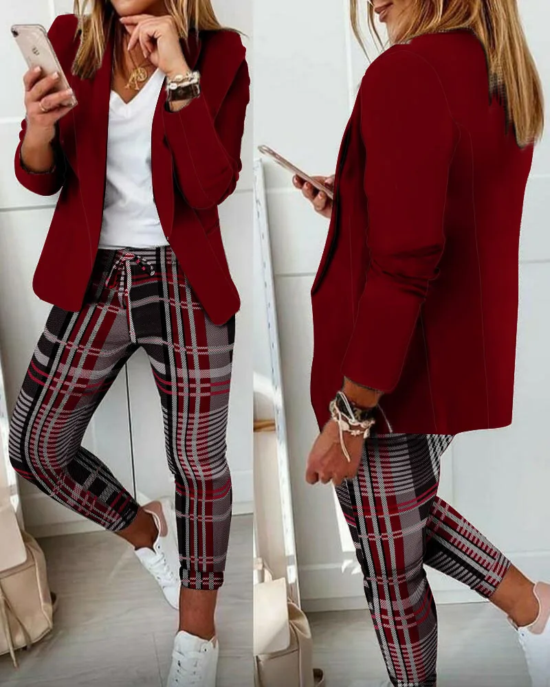 Top Trends: Autumn Women 2 Pieces Single Button Blazer & Plaid Pants 2022 Femme Pocket Design Jacket & Trousers Traf Office Lady Outfits Shoppable Styles