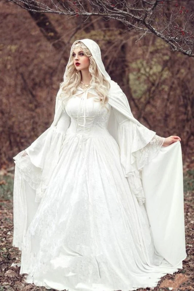 Top Trends: Vintage Gothic White Lace Ball Gown Wedding Dresses With Cloak Plus Size Flare Long Sleeve Celtic Medieval Princess Bridal Dress Shoppable Styles - Image 3