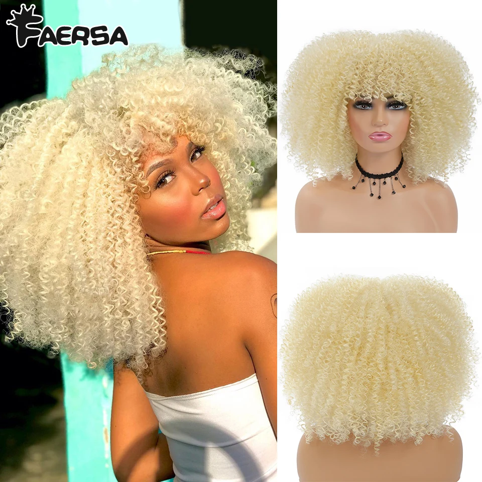 Top Trends: Short Hair Afro Kinky Curly Wigs With Bangs For Black Women Blonde African Synthetic Ombre Glueless Cosplay Wig High Temperature Shoppable Styles