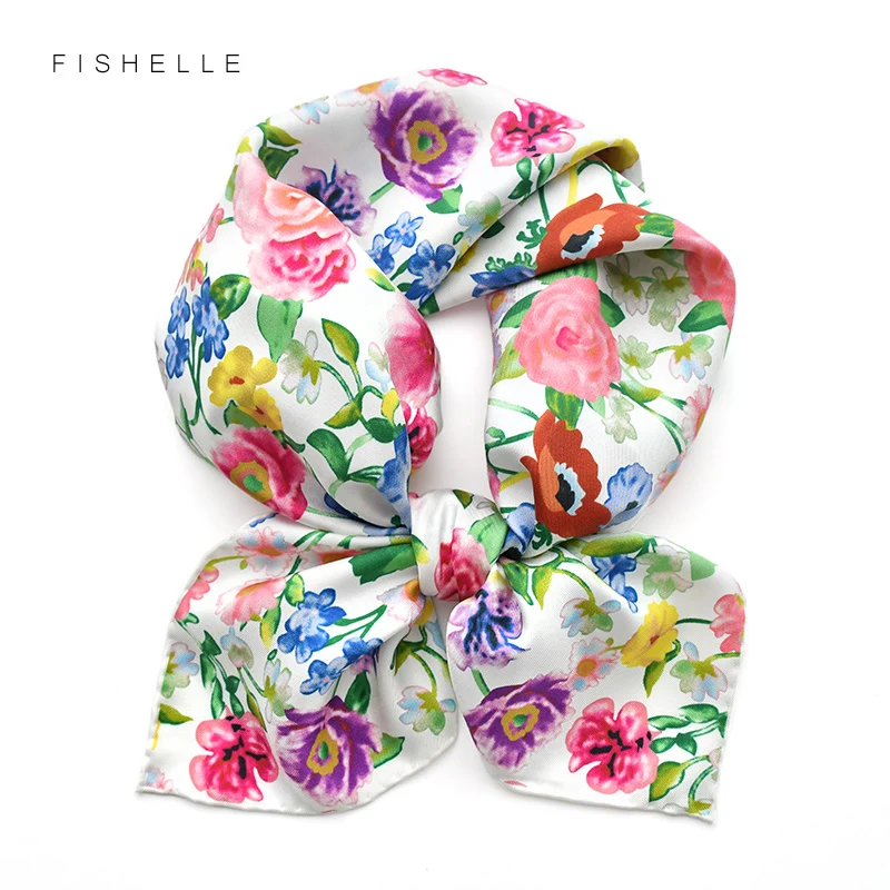 Top Trends: Fashion Hijab Pure Twill Silk Scarf For Women Printing Flower 65cm Square Bandana Foulard Ladies Hair Scarves Headscarf Warp Shoppable Styles