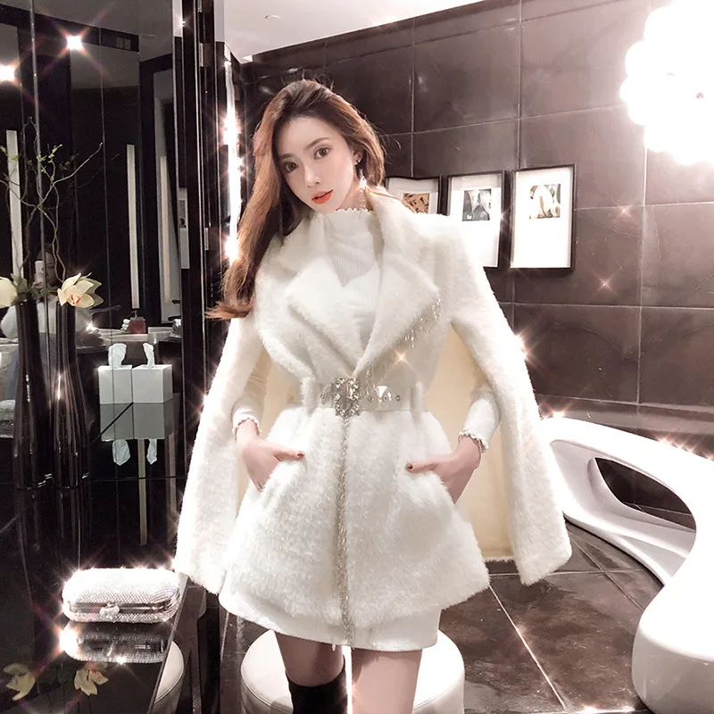 Top Trends: Autumn Winter New White Chic Beaded Elegant Warm Velvet Faux Fur Cloak Jacket For Women Bat Streetwear Abrigos Mujer Invierno Shoppable Styles