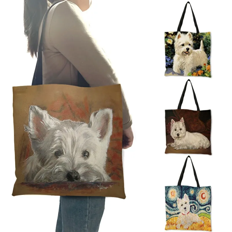 Top Trends: Unique Design Westie Dog Painting Handbag For Women Shopping Travel Bags Large Capacity Eco Linen Tote Bag Dropshipping Shoppable Styles