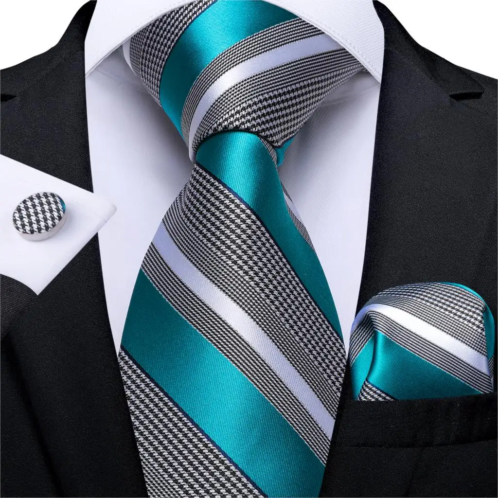 Top Trends: Gift Men Tie Teal Blue White Striped Silk Wedding Tie For Men DiBanGu Designer Hanky Cufflink Quality Men Tie Set Business 7339 Shoppable Styles