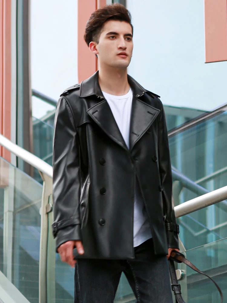 Top Trends: Leather Windbreaker Men's Double Breasted Short Men's Leather Jacket British Handsome Youth Trend Thickened Wool Inner Coat Men Shoppable Styles - Image 4