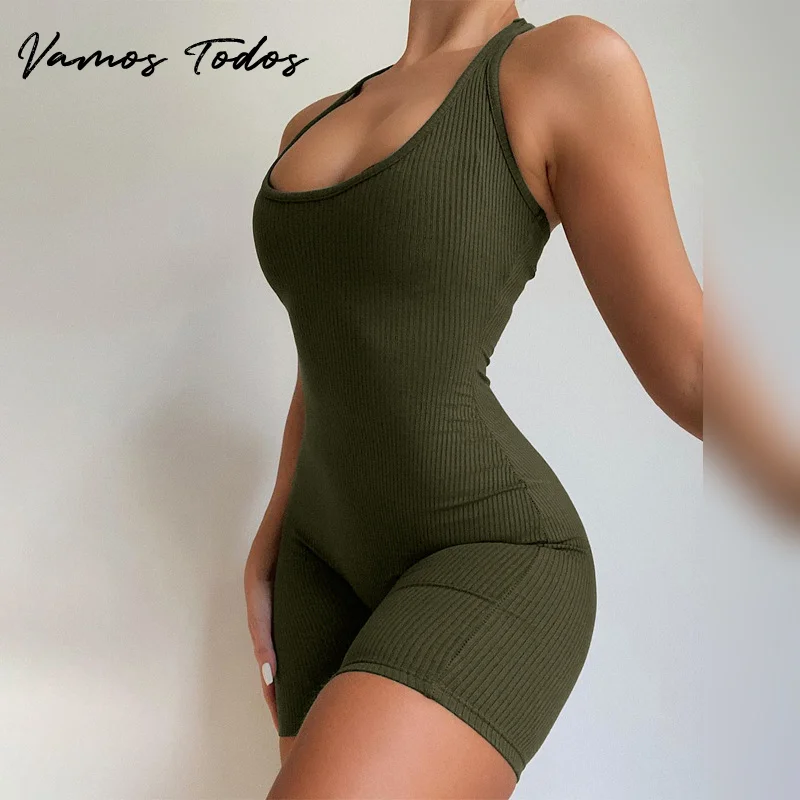 Top Trends: Vamos Todos 2021 Summer Basic Solid Jumpsuit For Women Crop Top Skinny Shorts Women Bodycon Bodysuit Sports Casual Ropa De Mujer Shoppable Styles