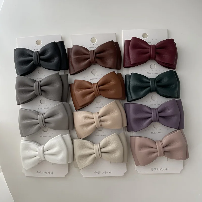 Top Trends: Women Girls Small Bowknot PU Leather Hair Barrette Sweet Double Layered Bow Duck Clip Multi Color Hair Clip Handmade Headwear Shoppable Styles