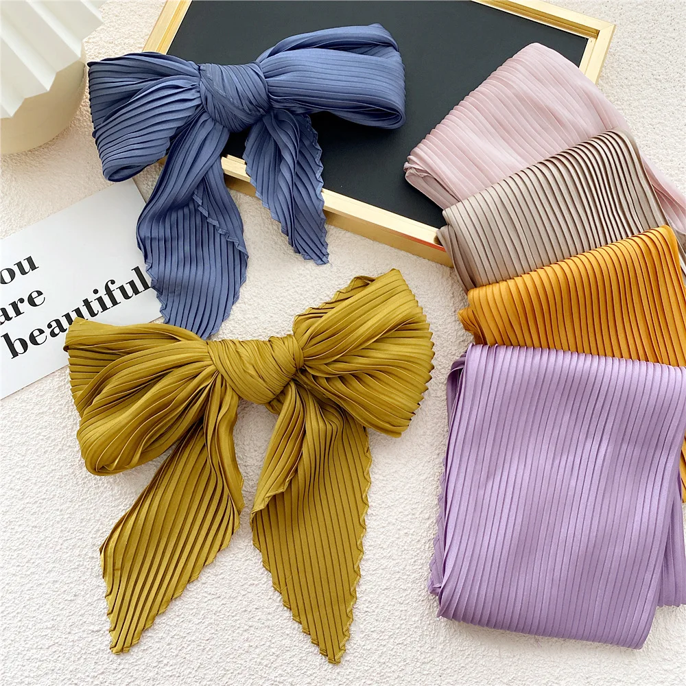 Top Trends: 2024 Fashion Women Square Scarf Silk Pleated Scarf Decorative Headscarf Solid Color Small Pleated Hair Tie Band Kerchief Scarves Shoppable Styles