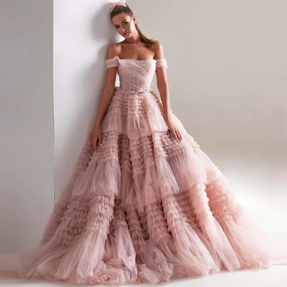 Top Trends: Sevintage Dusty Pink Long Prom Dresses Sweetheart Crumpled Tulle Ruffles Evening Dresses Off Shoulder Tiered A-Line Party Dress Shoppable Styles