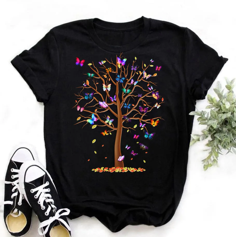 Top Trends: Woman Butterfly Tree Print Harajuku Summer Tshirts Casual Round Neck Short Slee Top Tee Shirt Women Black T-shirt Drop Ship Shoppable Styles