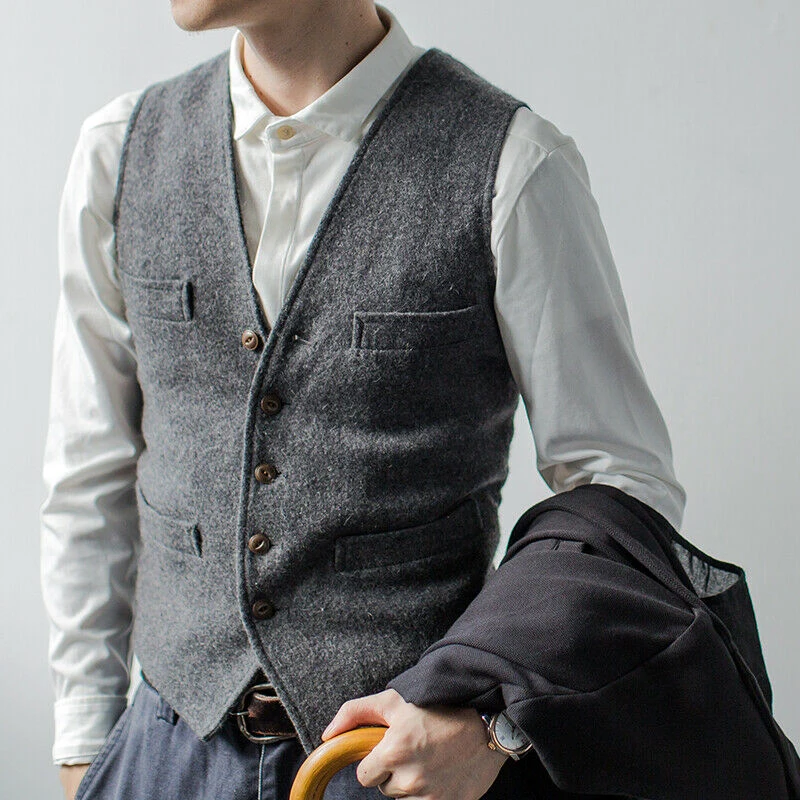 Top Trends: Men's Suit Vest Wool Blend Elegant Sleeveless V-neck Button Slim Fit Herringbone Waistcoat For Wedding Shoppable Styles