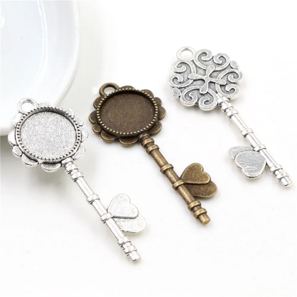 Top Trends: 10pcs 14mm Inner Size Antique Bronze And Silver Plated Key Style Cabochon Base Cameo Setting Charms Pendant Shoppable Styles