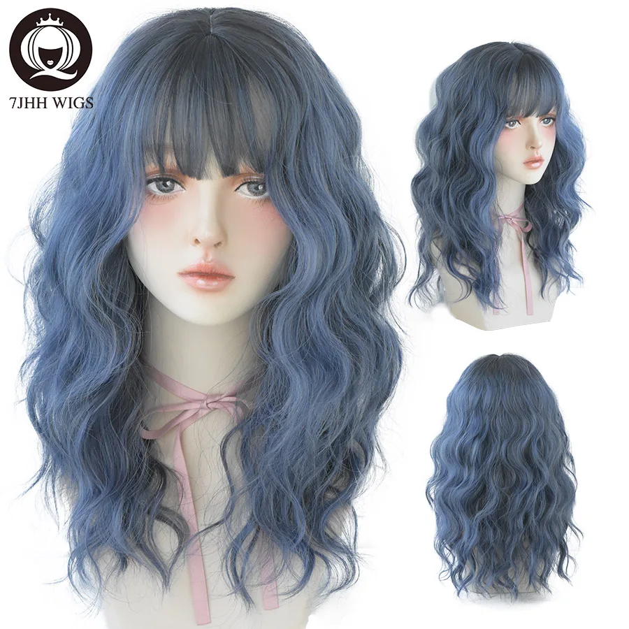 Top Trends: 7JHH WIGS Blue Deep Wave Wig With Bangs For Women Long Omber Brown Hair Layered Heat Resistant Cosplay Party Synthetic Wig Shoppable Styles